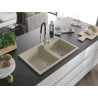 Mexen Tomas granite kitchen sink 2-bowl with Aster kitchen tap, beige - 6516-69-73450-07