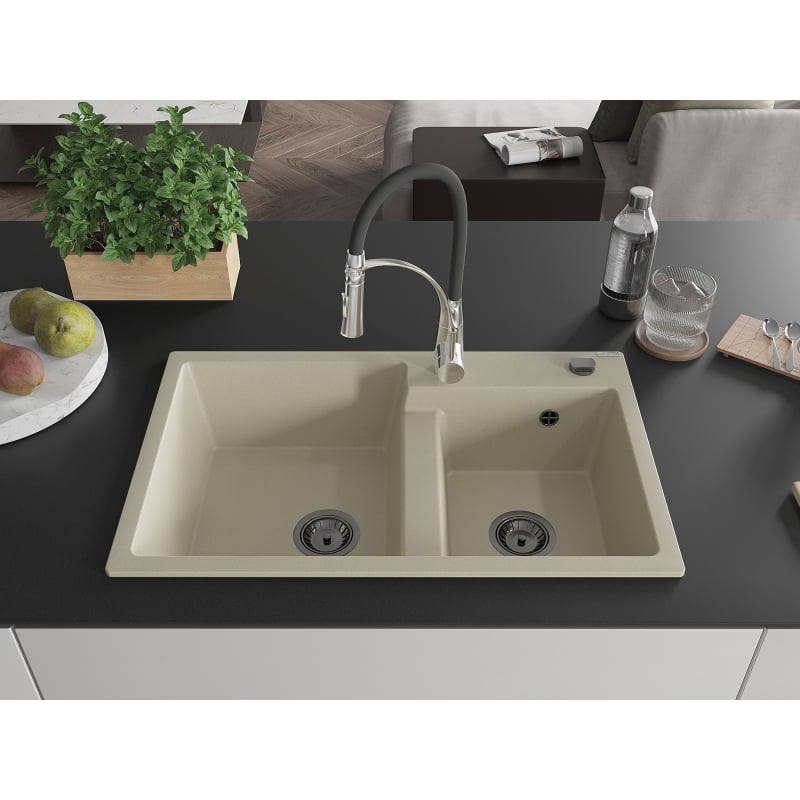 Mexen Tomas granite double-bowl sink with Aster kitchen faucet, beige - 6516-69-73450-07-B