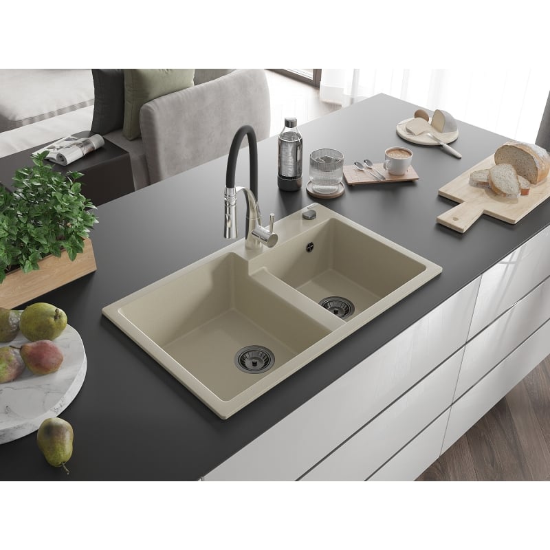 Mexen Tomas 2-Compartment Granite Sink with Aster Kitchen Faucet, Beige - 6516-69-73450-07-B