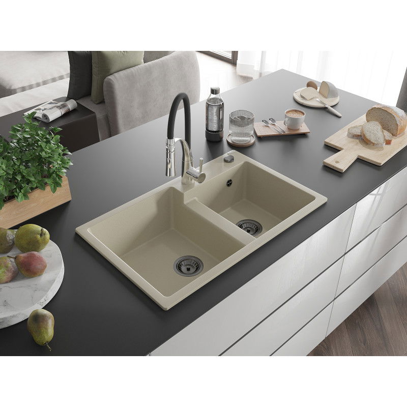 Mexen Tomas granite sink 2-bowl with Aster kitchen tap, beige - 6516-69-73450-07-B