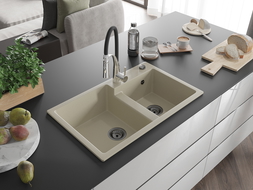 Mexen Tomas granite sink 2-bowl with Aster kitchen tap, beige - 6516-69-73450-07-B