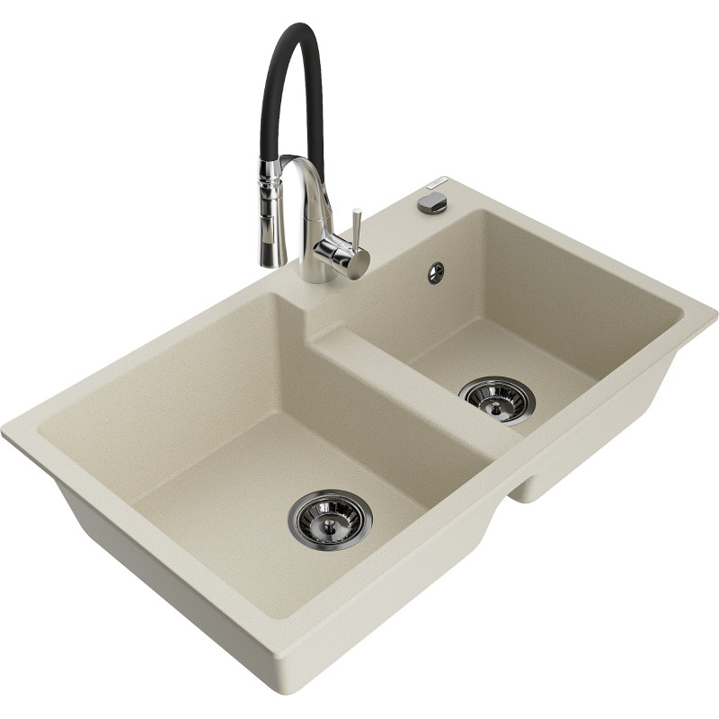 Mexen Tomas granite double-bowl sink with Aster kitchen faucet, beige - 6516-69-73450-07-B