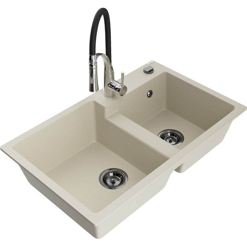 Mexen Tomas granite sink 2-bowl with Aster kitchen tap, beige - 6516-69-73450-07-B