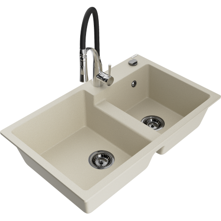 Mexen Tomas 2-Compartment Granite Sink with Aster Kitchen Faucet, Beige - 6516-69-73450-07-B