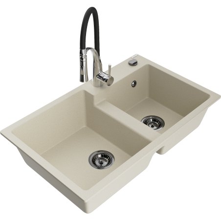 Mexen Tomas granite double-bowl sink with Aster kitchen faucet, beige - 6516-69-73450-07-B