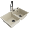 Mexen Tomas granite double-bowl sink with Aster kitchen faucet, beige - 6516-69-73450-07-B