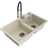 Mexen Tomas granite sink 2-bowl with Aster kitchen tap, beige - 6516-69-73450-07-B