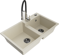 Mexen Tomas granite sink 2-bowl with Aster kitchen tap, beige - 6516-69-73450-07-B