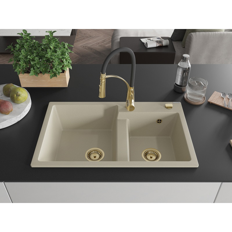 Mexen Tomas 2-bowl granite kitchen sink with Aster kitchen faucet, beige - 6516-69-73450-57-G
