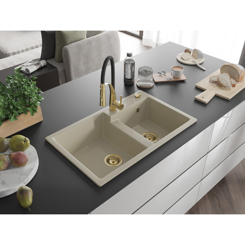 Mexen Tomas 2-bowl granite kitchen sink with Aster kitchen faucet, beige - 6516-69-73450-57-G