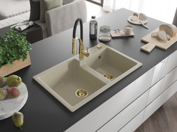 Mexen Tomas 2-bowl granite kitchen sink with Aster kitchen faucet, beige - 6516-69-73450-57-G