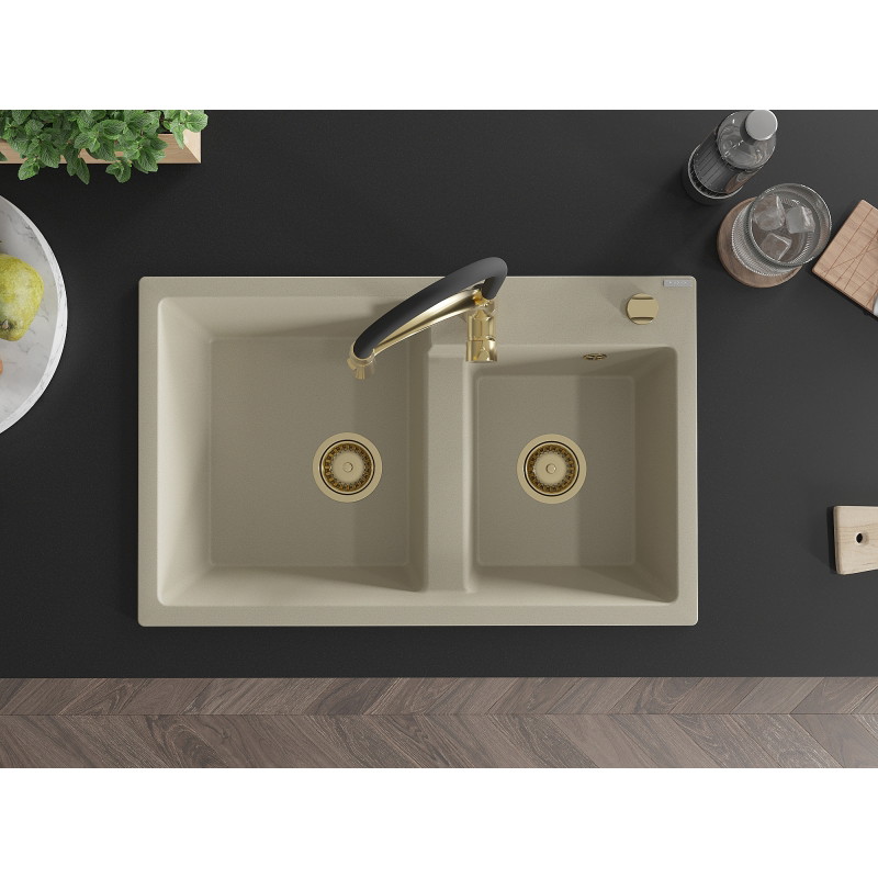Mexen Tomas 2-bowl granite kitchen sink with Aster kitchen faucet, beige - 6516-69-73450-57-G