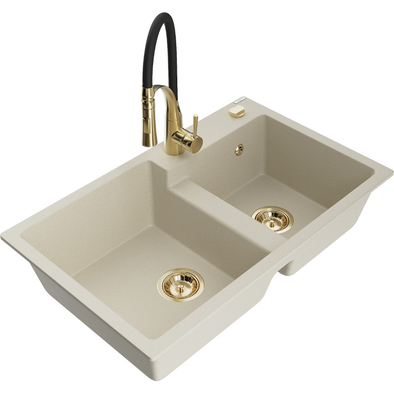 Mexen Tomas 2-bowl granite kitchen sink with Aster kitchen faucet, beige - 6516-69-73450-57-G