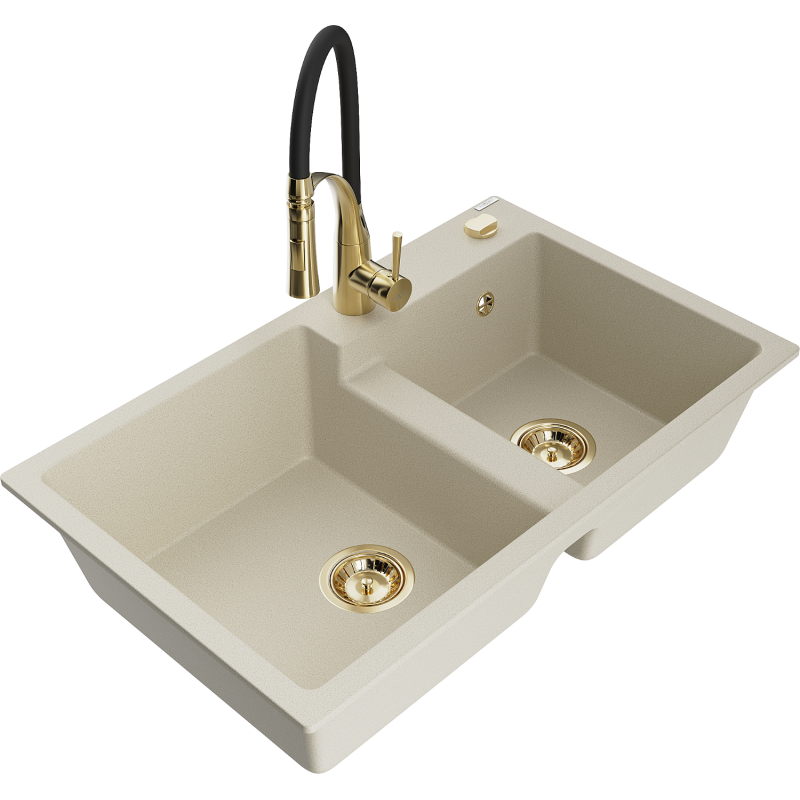 Mexen Tomas 2-bowl Granite Sink with Aster Kitchen Faucet, Beige - 6516-69-73450-57-G