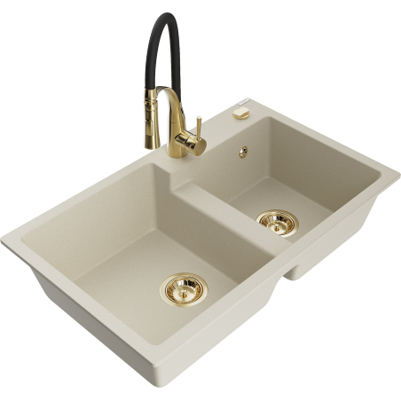 Mexen Tomas 2-bowl granite kitchen sink with Aster kitchen faucet, beige - 6516-69-73450-57-G