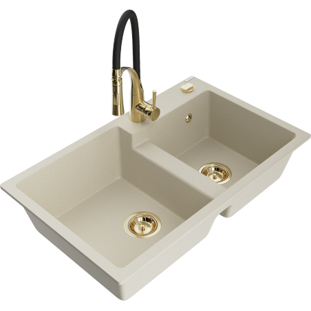 Mexen Tomas 2-compartment granite sink with a kitchen mixer tap Aster, Beige - 6516-69-73450-57-G
