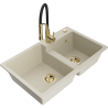 Mexen Tomas 2-bowl granite kitchen sink with Aster kitchen faucet, beige - 6516-69-73450-57-G