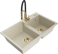 Mexen Tomas 2-bowl granite kitchen sink with Aster kitchen faucet, beige - 6516-69-73450-57-G