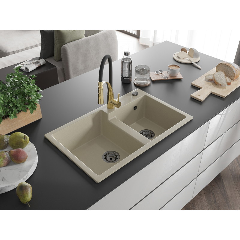 Mexen Tomas 2-Bowl Granite Sink with Aster Kitchen Faucet, Beige - 6516-69-73450-57-B