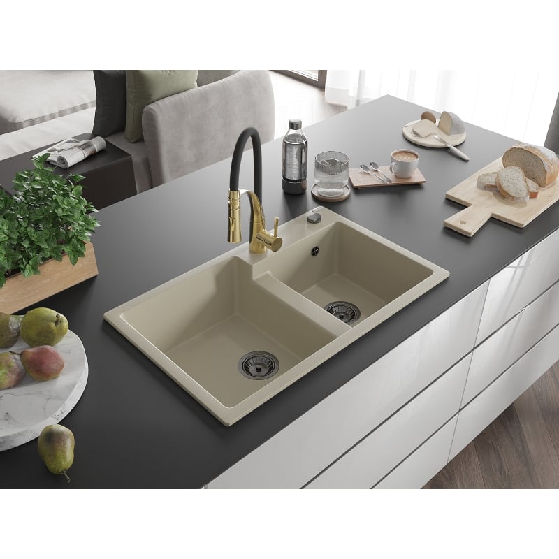 Mexen Tomas 2-compartment granite sink with Aster kitchen faucet, beige - 6516-69-73450-57-B