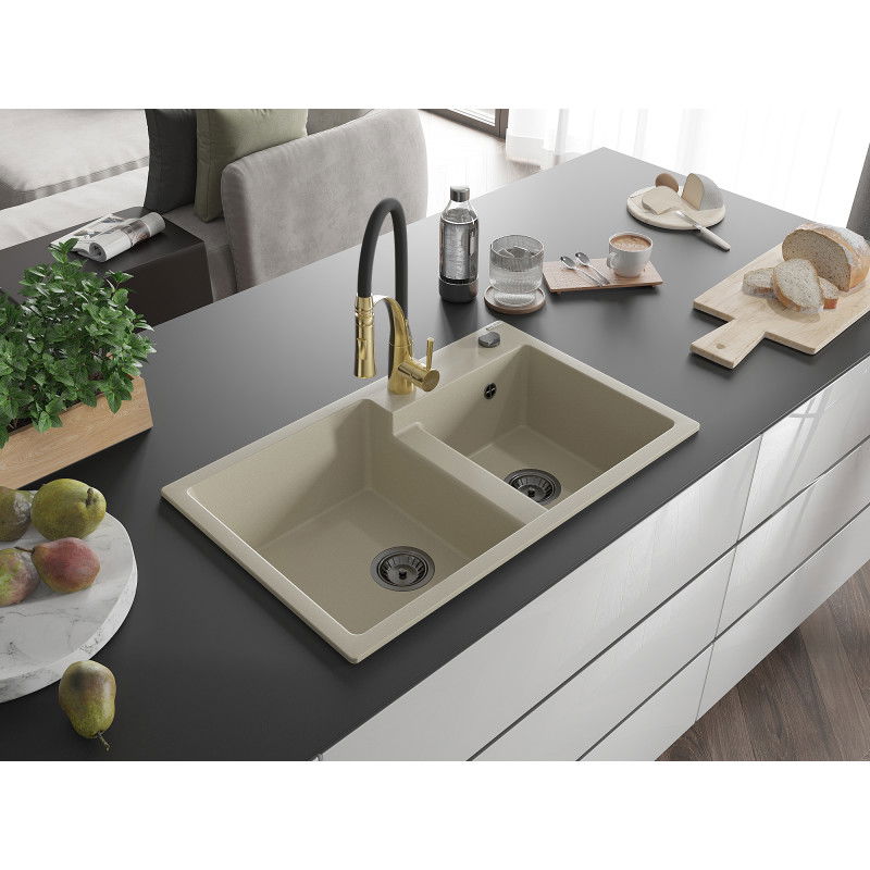 Mexen Tomas granite sink 2-chamber with Aster kitchen tap, beige - 6516-69-73450-57-B