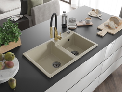 Mexen Tomas 2-compartment granite sink with Aster kitchen faucet, beige - 6516-69-73450-57-B