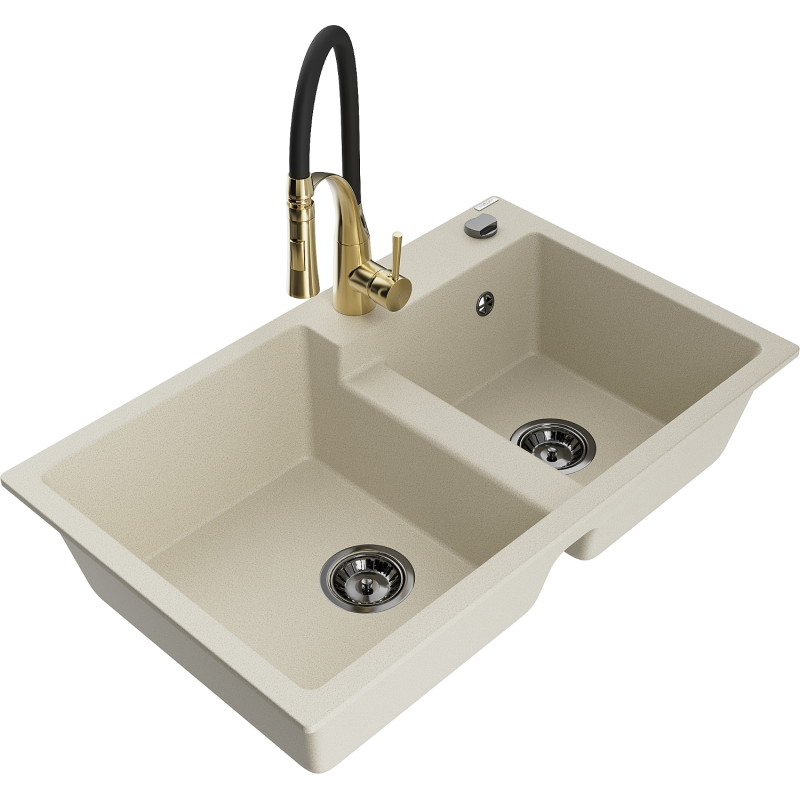 Mexen Tomas 2-Bowl Granite Sink with Aster Kitchen Faucet, Beige - 6516-69-73450-57-B
