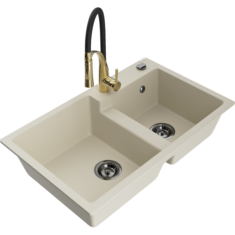 Mexen Tomas granite sink 2-chamber with Aster kitchen tap, beige - 6516-69-73450-57-B