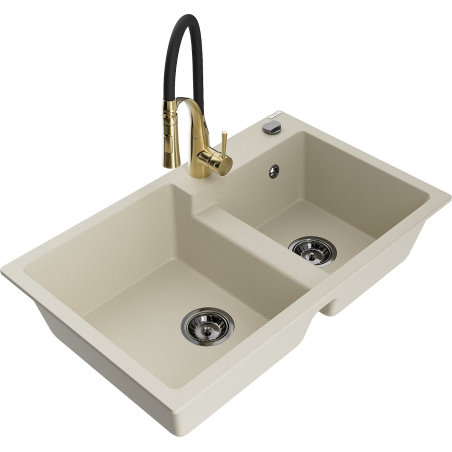 Mexen Tomas 2-Bowl Granite Sink with Aster Kitchen Faucet, Beige - 6516-69-73450-57-B