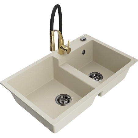 Mexen Tomas granite sink 2-chamber with Aster kitchen tap, beige - 6516-69-73450-57-B