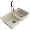 Mexen Tomas granite sink 2-chamber with Aster kitchen tap, beige - 6516-69-73450-57-B