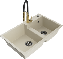 Mexen Tomas 2-compartment granite sink with Aster kitchen faucet, beige - 6516-69-73450-57-B