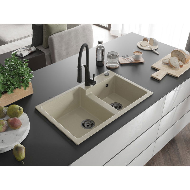 Mexen Tomas granite double-bowl sink with Aster kitchen tap, beige - 6516-69-73450-70-B