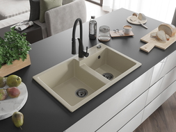 Mexen Tomas 2-compartment granite sink with a kitchen mixer tap Aster, Beige - 6516-69-73450-70-B