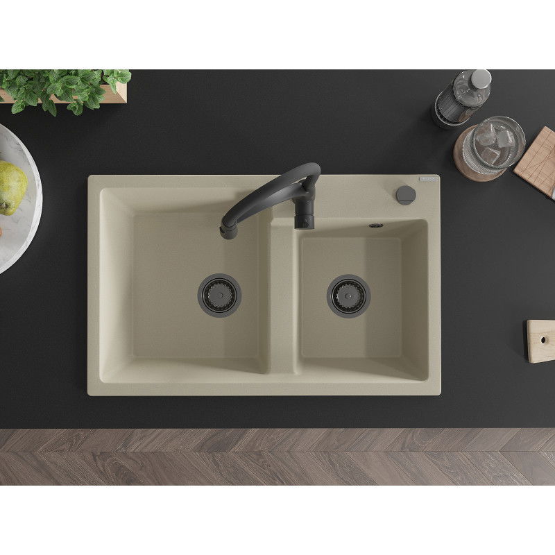 Mexen Tomas granite double-bowl sink with Aster kitchen tap, beige - 6516-69-73450-70-B