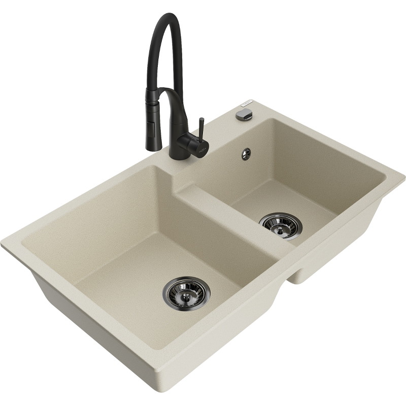 Mexen Tomas 2-bowl granite sink with kitchen faucet Aster, beige - 6516-69-73450-70-B