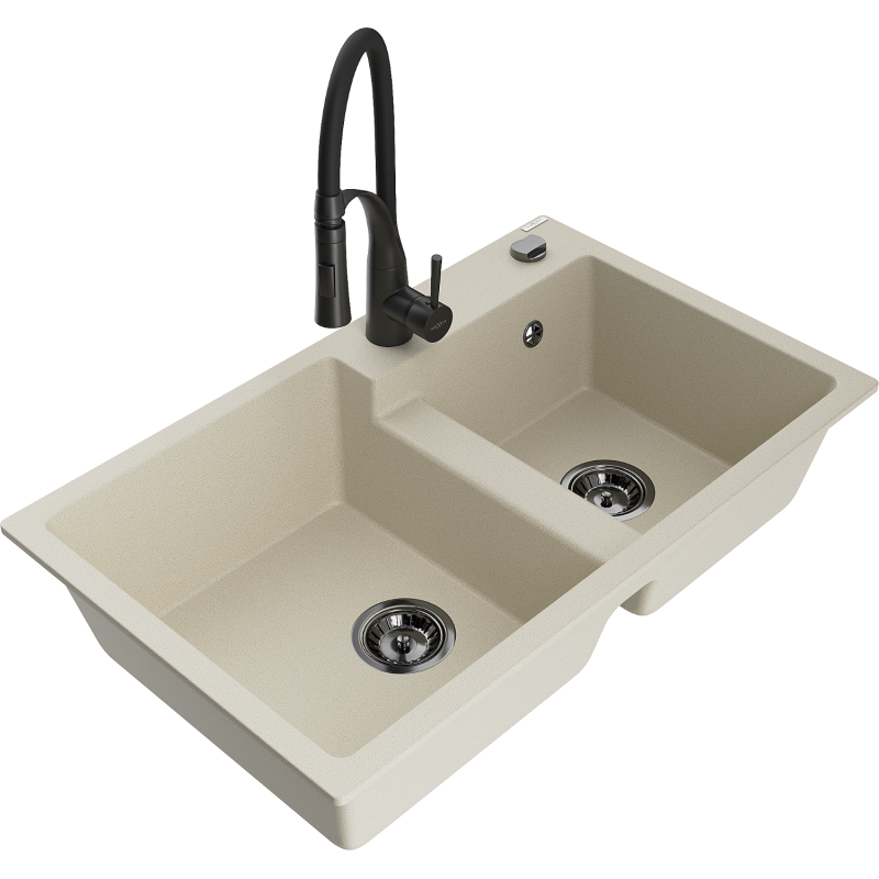 Mexen Tomas 2-compartment granite sink with a kitchen mixer tap Aster, Beige - 6516-69-73450-70-B