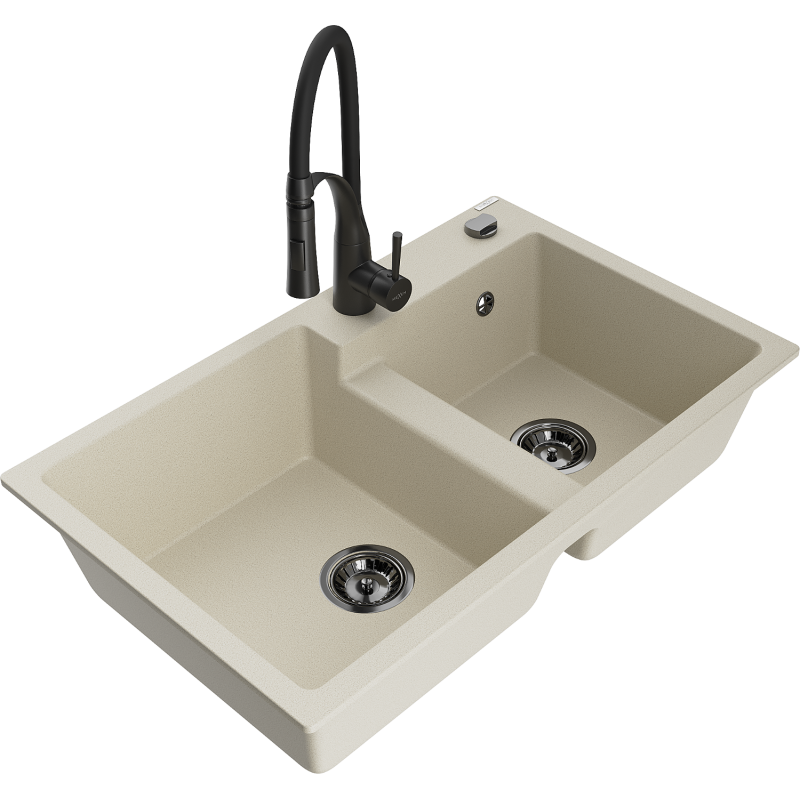 Mexen Tomas granite double-bowl sink with Aster kitchen tap, beige - 6516-69-73450-70-B