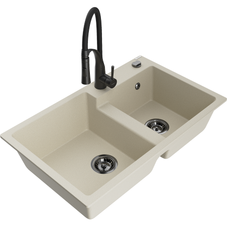 Mexen Tomas 2-compartment granite sink with a kitchen mixer tap Aster, Beige - 6516-69-73450-70-B