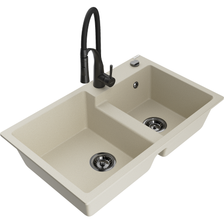 Mexen Tomas granite double-bowl sink with Aster kitchen tap, beige - 6516-69-73450-70-B