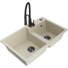 Mexen Tomas 2-bowl granite kitchen sink with Aster kitchen faucet, beige - 6516-69-73450-70-B