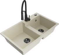 Mexen Tomas granite double-bowl sink with Aster kitchen tap, beige - 6516-69-73450-70-B