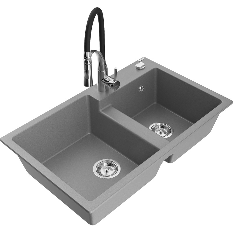 Mexen Tomas 2-chamber granite sink with Aster kitchen faucet, gray - 6516-71-73450-07
