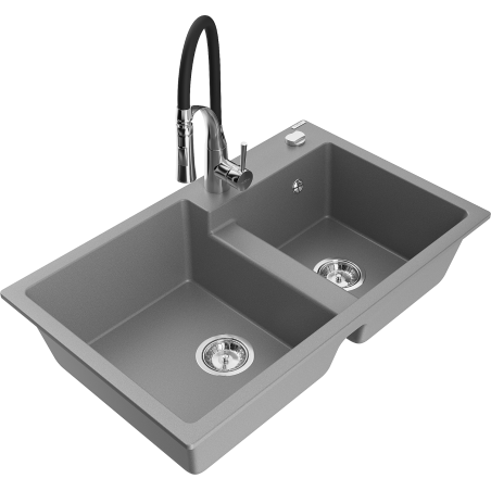 Mexen Tomas 2-bowl granite kitchen sink with Aster faucet, gray - 6516-71-73450-07