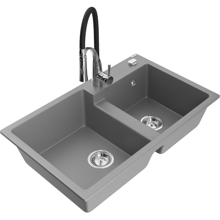 Mexen Tomas Granite 2-Bowl Kitchen Sink with Aster Tap, Grey - 6516-71-73450-07