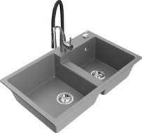 Mexen Tomas Granite 2-Bowl Kitchen Sink with Aster Tap, Grey - 6516-71-73450-07