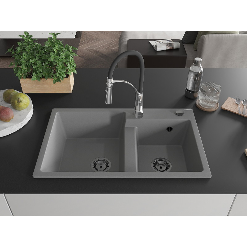 Mexen Tomas granite kitchen sink 2-bowl with Aster kitchen faucet, gray - 6516-71-73450-07-B