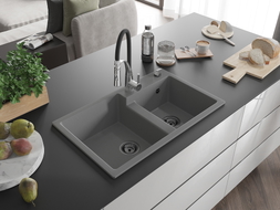 Mexen Tomas granite 2-bowl kitchen sink with Aster kitchen faucet, gray - 6516-71-73450-07-B