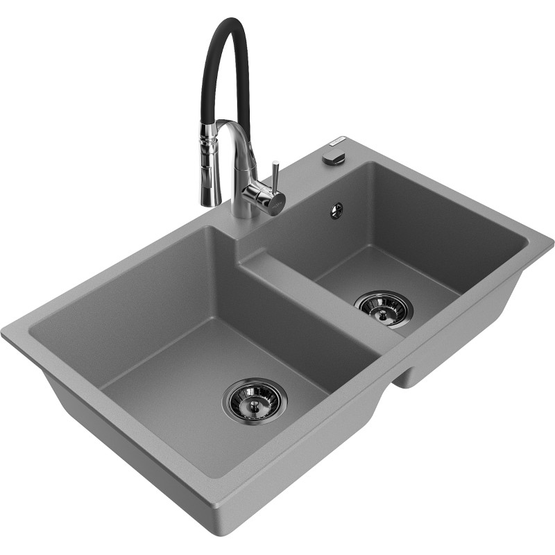 Mexen Tomas granite 2-bowl kitchen sink with Aster kitchen faucet, gray - 6516-71-73450-07-B