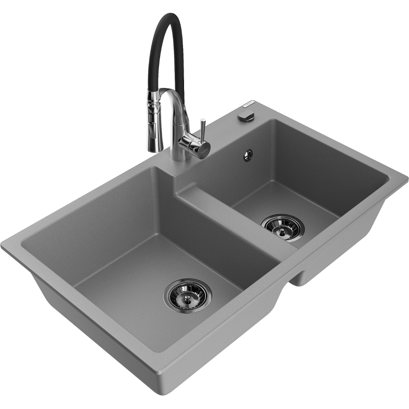 Mexen Tomas Granite Kitchen Sink 2-Bowl with Aster Tap, Grey - 6516-71-73450-07-B